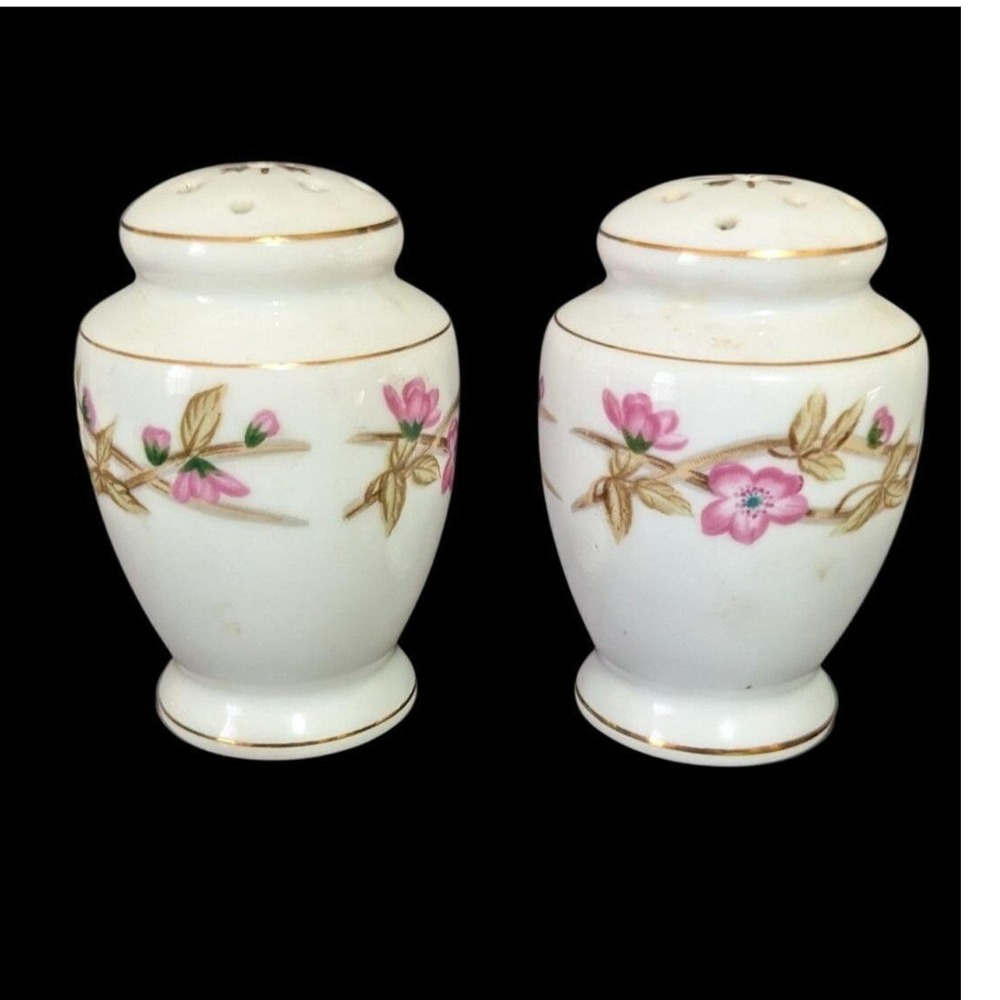 Vintage Valmont China Rose Salt Pepper Shakers Pink Floral Gold Trim Japan Set